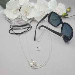 Sterling Silver Mask Chain white Pearls & Crystals